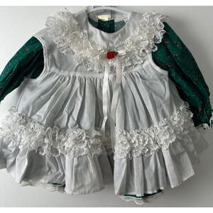 Bryan Vintage Girls Green Floral Dress White Lace Pinafore Set 12 Mon USA A56